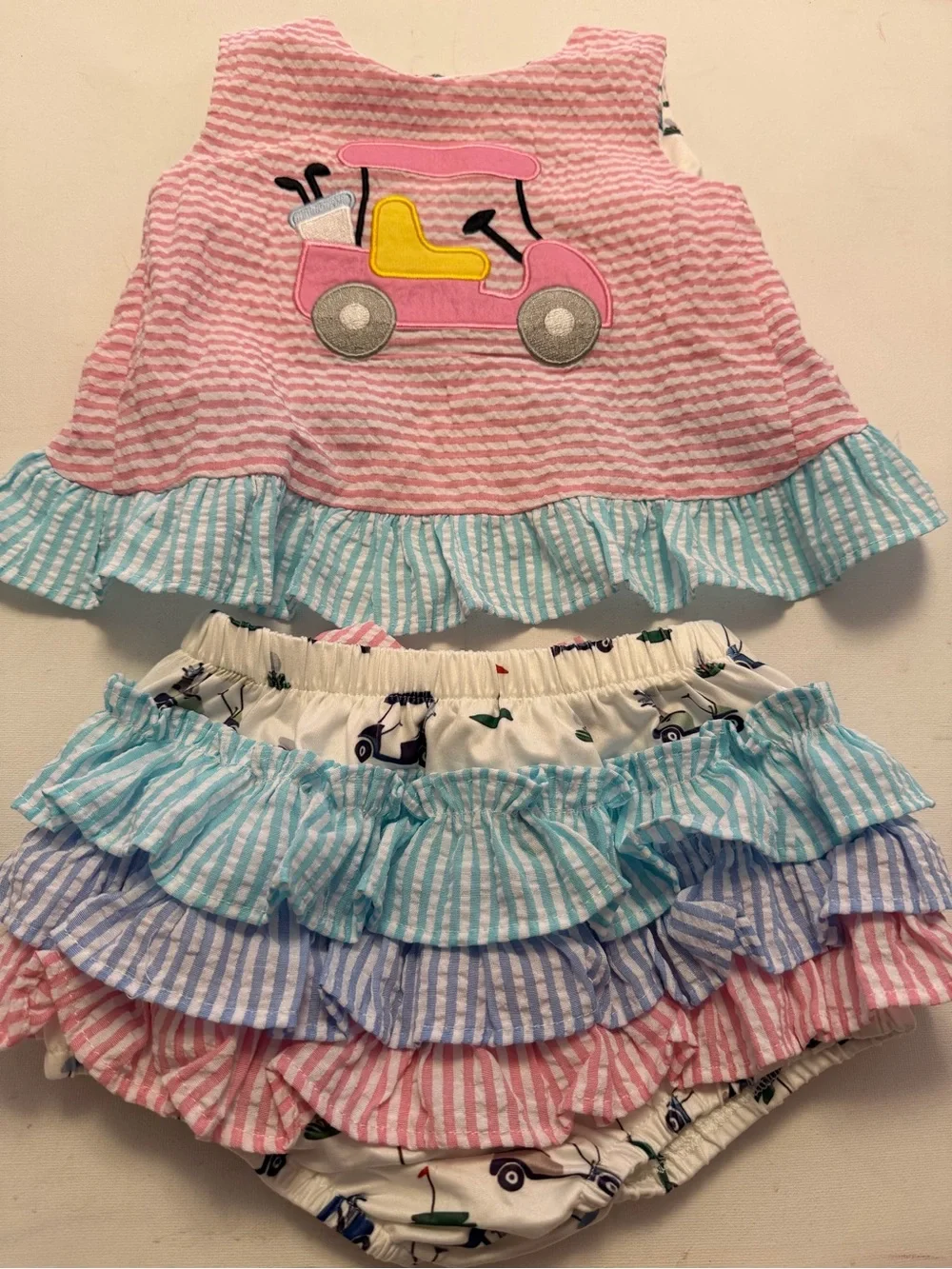 Girls Pink Striped Ruffle Two-Piece Set with Car Applique